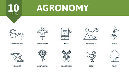 Agronomy set icon. Editable icons agronomy theme such as watering can, well, roots and more.