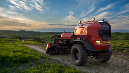 Papier Peint photo Tracteur Tracteur agricole autonome sur un chemin de terre