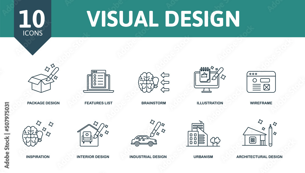 Aufkleber visual design set icon. editable icons visual design theme such as package design, brainstorm, wiref