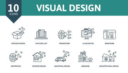 Visual Design set icon. Editable icons visual design theme such as package design, brainstorm, wireframe and more.