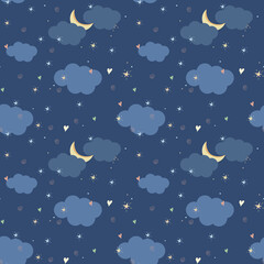 Seamless pattern night sky with clouds and a moon on a dark blue background. Companion. Print for children's textiles, etc.