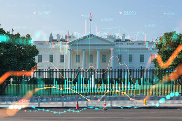 White House on sunny day, Washington DC, USA. Executive branch. President administration. Forex graph hologram. The concept of internet trading, brokerage and fundamental analysis