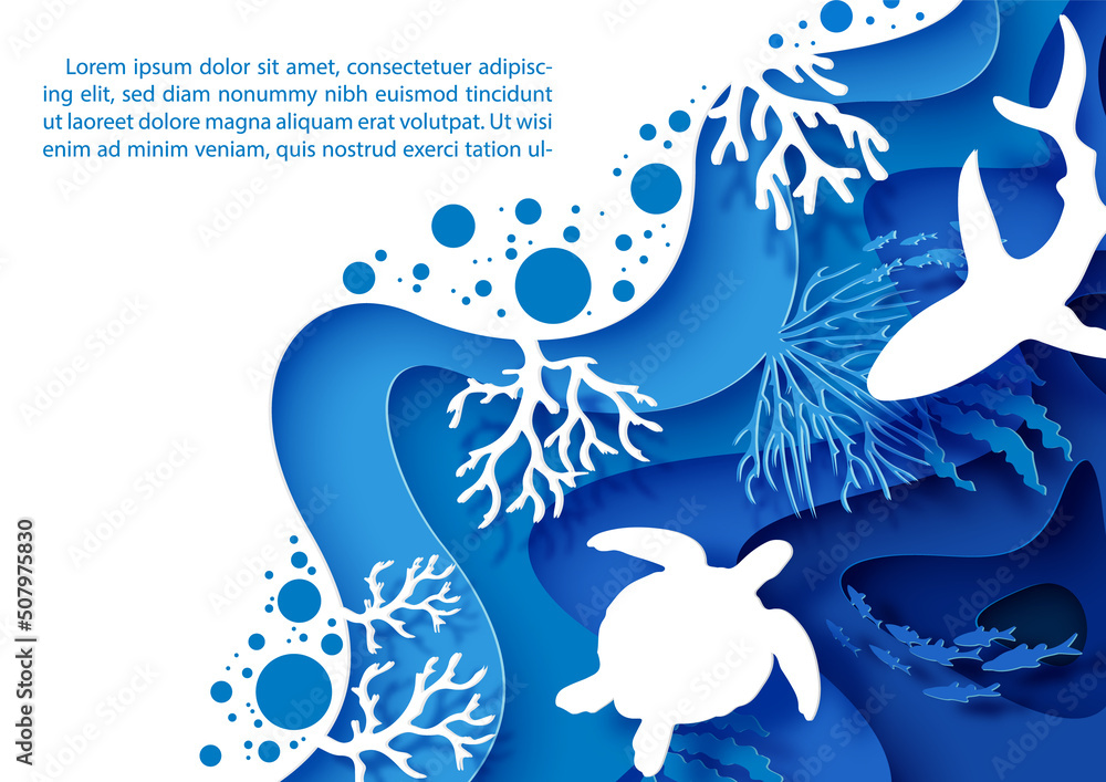Poster card and poster scene of under the sea and ocean in layers paper cut style and vector design with wh