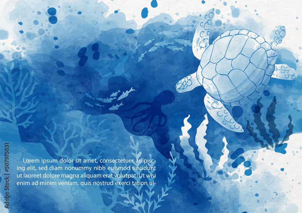 Poster sea turtle with the scene of under ocean in watercolor style, example texts on white paper pattern b
