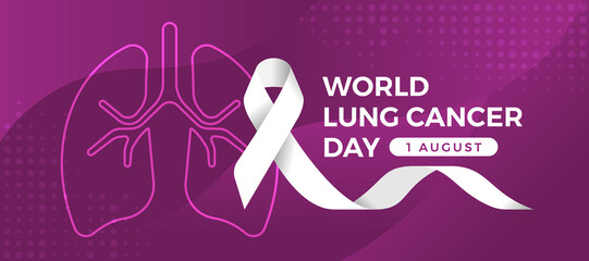 World lung cancer day - white ribbon sign and line lung sign on abstract purple curve and dots texture background vector design