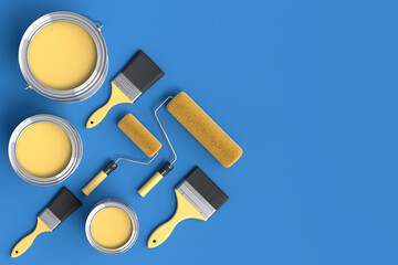 Set of metal cans or buckets with paint rollers and brushes on blue background.