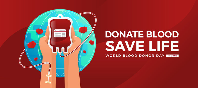 world blood donor day, donate blood save life text and hand was holding a blood bag with a string of blood coming out of arm on circle globe and hearts around vector design