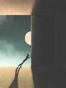 Illustration of man opening a big gate to show the early morning sun, surreal concept