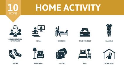 Home Activity set icon. Editable icons home activity theme such as communication with family, exercise, pajamas and more.