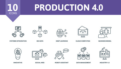 Production 4.0 icon set. Contains editable icons industry 4.0 theme such as systems integration, deep learning, business model and more.