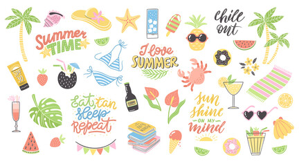 Colorful summer clipart set with lettering. Hand-drawn holiday decoration. Isolated vector illustration design with summer elements.