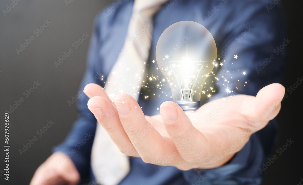 Poster light bulb to represent an idea notion with innovation and inspiration, inventive scientific technol