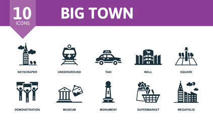 Big Town set icon. Editable icons big town theme such as skyscraper, taxi, square and more.