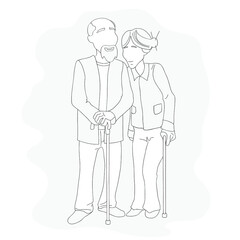 elderly people, grandparents stand together with chopsticks, drawing, outline, contour
