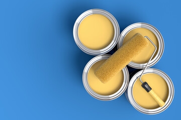 Set of metal cans or buckets with paint roller and brush on blue background.