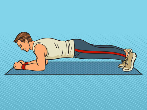 Man doing plank exercise workout pop art retro vector illustration. Comic book style imitation.