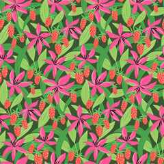 Hand-drawn seamless pattern with flowers, leaves and strawberries. Colorful floral illustration for paper and gift wrap. Fabric print summer design. Creative stylish background.