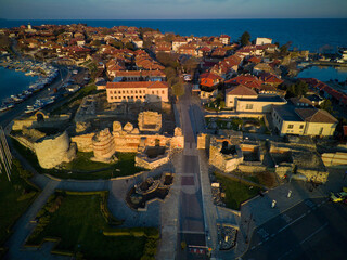 iew from a height of the city of Nessebar with houses and parks washed by the Black Sea in Bulgaria