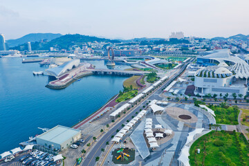 Panoramic views of Expo EDG Square and Yeosu peninsula from the Sky Tower.