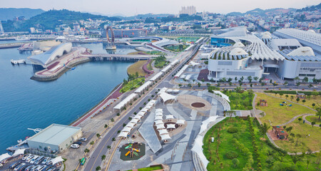 Panoramic views of Expo EDG Square and Yeosu peninsula from the Sky Tower.