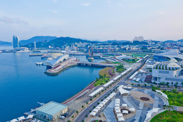 Fototapeta premium Panoramic views of Expo EDG Square and Yeosu peninsula from the Sky Tower.