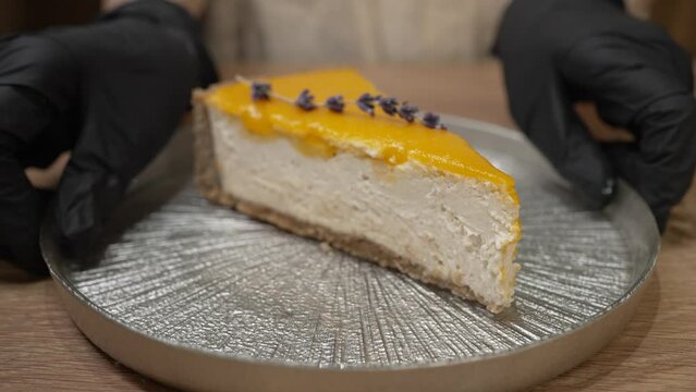 Female hands in black rubber gloves put metal plate with cheesecake on table. Piece of cheesecake with orange jam decorated with lavender branch closeup