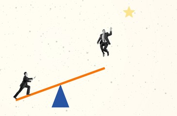 Creative design. Contemporary art collage. Businessman helping employee to reach the star. Jumping on springboard. Productive teamwork.
