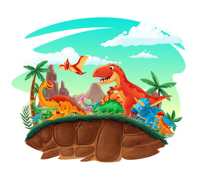 illustration with dinosaurs scenery with jurassic jungle