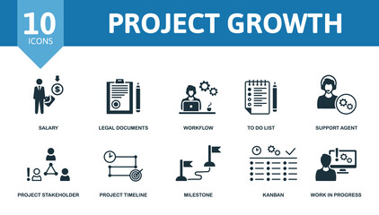 Project Growth set icon. Editable icons project growth theme such as salary, workflow, support agent and more.