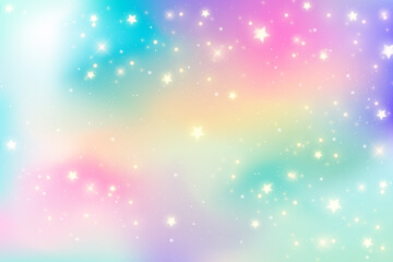 Rainbow unicorn fantasy background with stars. Holographic illustration in pastel colors. Bright multicolored sky. Vector.