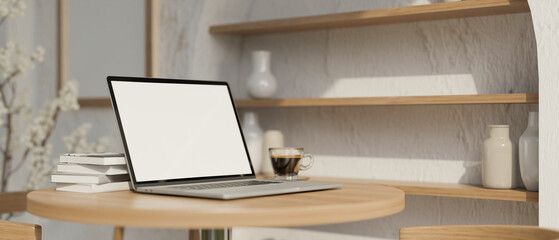 Minimal Scandinavian coffee shop seating area interior design with laptop mockup