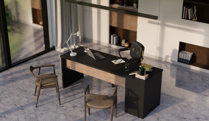 Modern executive manager private office interior design with modern office desk