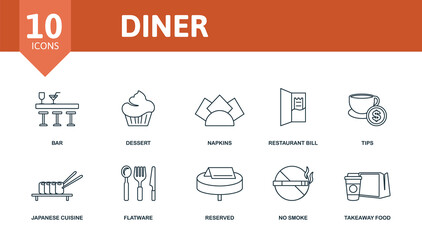 Diner set icon. Editable icons diner theme such as bar, napkins, tips and more.