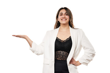 Happy indian businesswoman presenting something