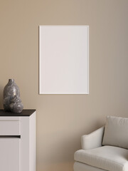Simple and minimalist vertical white poster or photo frame mockup on the wall in the living room. 3d rendering.