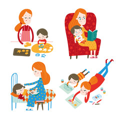 Happy family. A mother and her son. Graphic set. Vector illustration isolated on a white background.