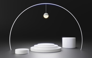 White cylinder podium abstract geometric shapes black background. Pedestal, stage modern with circle round frame ring, sphere light. Empty abstract minimal studio room 3D render. Mockup space product