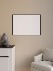 Simple and minimalist horizontal black poster or photo frame mockup on the wall in the living room. 3d rendering.