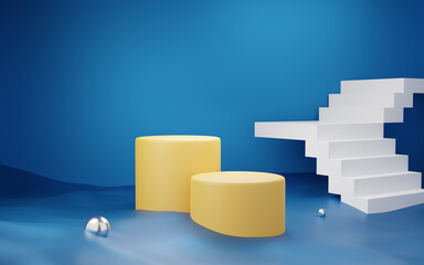 Yellow cylinder, podium abstract geometric shapes on water, blue background with white stairs. Pedestal, stage modern. Empty abstract minimal studio room. Mockup space for product design. 3D render.