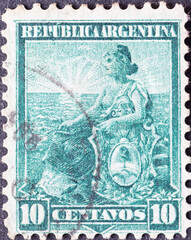 ARGENTINA - CIRCA 1899: a postage stamp from ARGENTINA, showing a woman Allegory, Liberty Seated . Circa 1899