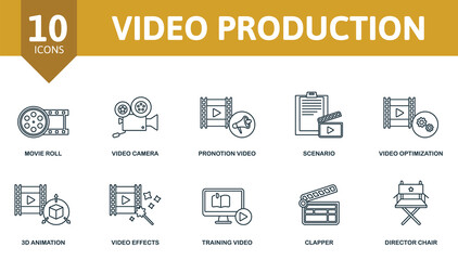 Video Production set icon. Contains video production illustrations such as video camera, scenario, 3d animation and more.