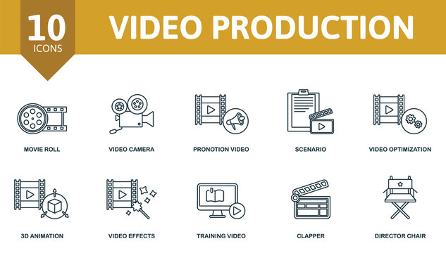 Video Production Set Icon. Contains Video Production Illustrations Such As Video Camera, Scenario, 3d Animation And More.