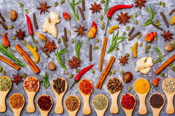 A set of spices on a gray background. Variety of spices from India. Food decoration design. Various spices, peppers and herbs close-up top view. Set of peppers, salt, herbs and spices for cooking.