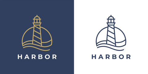 Lighthouse logo. Harbor icon. Light beacon symbol. Maritime tower emblem. Vector illustration.