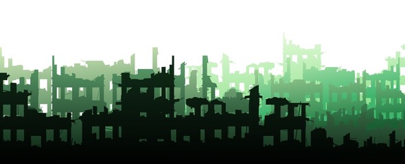 Ruined city. Unpleasant design. Apocalypse natural or war. Isolated on white background. Sad landscape of destruction. Vector