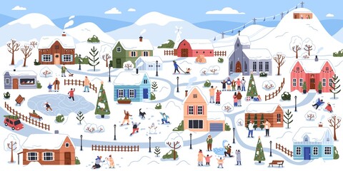 Winter landscape of village in snow, people on holidays. Cute Christmas town panorama with families, children during outdoor funs, activities outside of houses on vacations. Flat vector illustration
