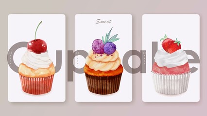 Collection of watercolor berry cupcake vector design