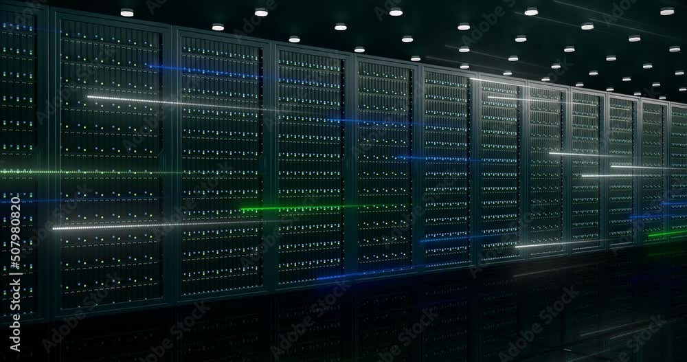 Poster digital information travels through fiber optic cables through the network and data servers behind g
