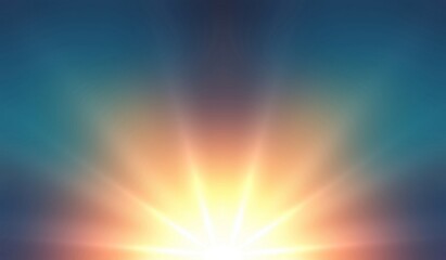Bright yellow shine rays of sunset or sunrise on blue green empty background.