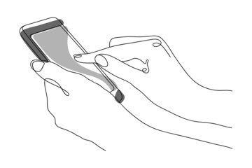 Obraz premium Outline drawing of Hands are holding a Mobile phone. One Line style illustration. Endless drawing. Quality assessment, information search, leaving Reviews and Feedback.
